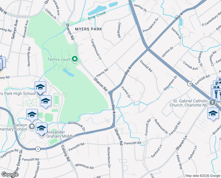 map of restaurants, bars, coffee shops, grocery stores, and more near 2125 South Wendover Road in Charlotte