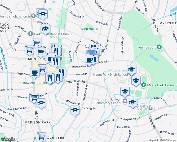 map of restaurants, bars, coffee shops, grocery stores, and more near 3000 Selwyn Avenue in Charlotte