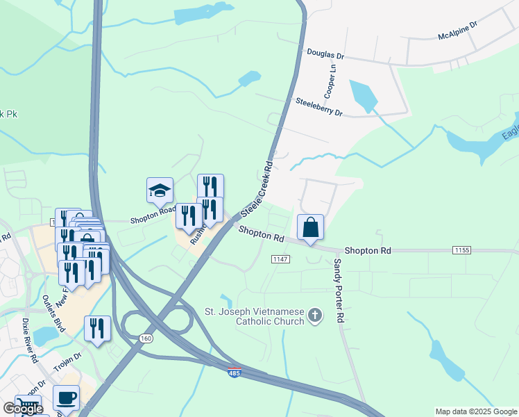 map of restaurants, bars, coffee shops, grocery stores, and more near 8315 Steele Creek Road in Charlotte