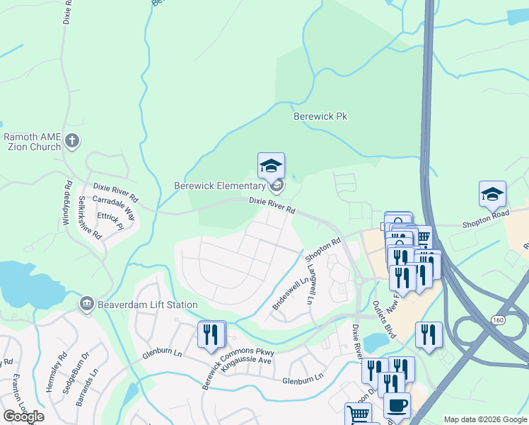 map of restaurants, bars, coffee shops, grocery stores, and more near 9744 Elgin Moor Road in Charlotte