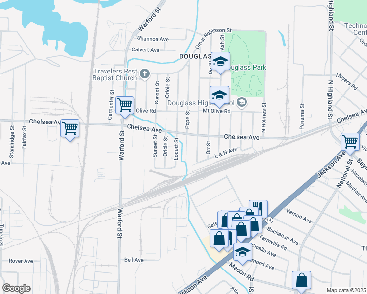 map of restaurants, bars, coffee shops, grocery stores, and more near 1450 Pope Street in Memphis