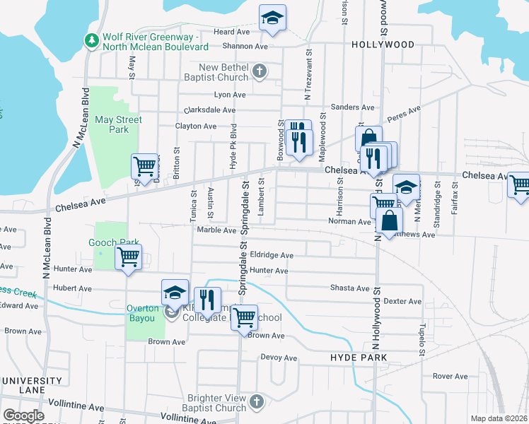 map of restaurants, bars, coffee shops, grocery stores, and more near 1311 Boxwood Street in Memphis