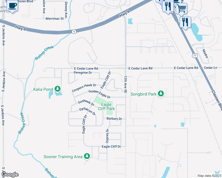 map of restaurants, bars, coffee shops, grocery stores, and more near 913 Golden Eagle Drive in Norman
