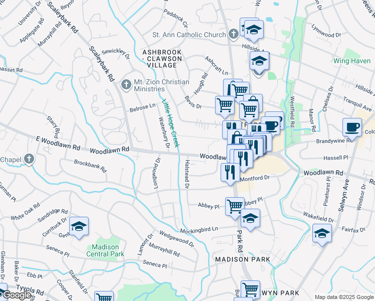 map of restaurants, bars, coffee shops, grocery stores, and more near 1249 East Woodlawn Road in Charlotte