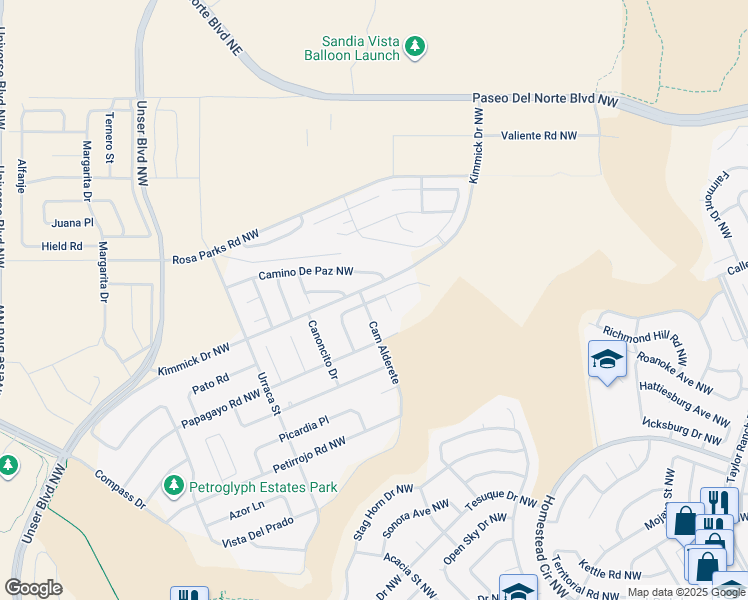 map of restaurants, bars, coffee shops, grocery stores, and more near 6315 Camino Alto Northwest in Albuquerque