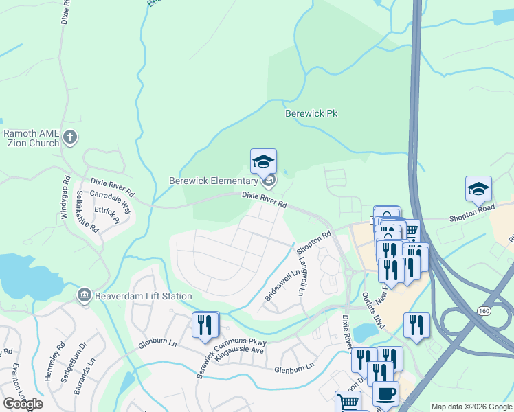 map of restaurants, bars, coffee shops, grocery stores, and more near 9744 Elgin Moor Road in Charlotte