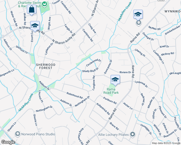 map of restaurants, bars, coffee shops, grocery stores, and more near 910 Longbow Road in Charlotte