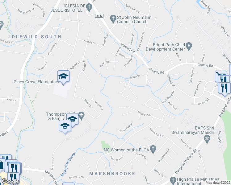 map of restaurants, bars, coffee shops, grocery stores, and more near 9030 Jaldena Drive in Charlotte