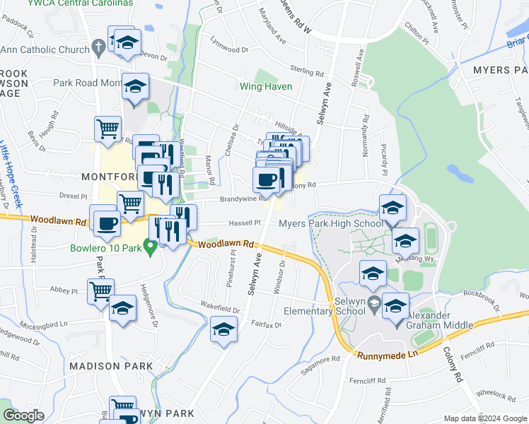 map of restaurants, bars, coffee shops, grocery stores, and more near 2934 Selwyn Avenue in Charlotte