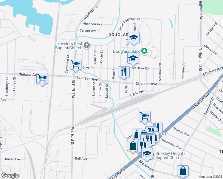 map of restaurants, bars, coffee shops, grocery stores, and more near 1450 Pope Street in Memphis