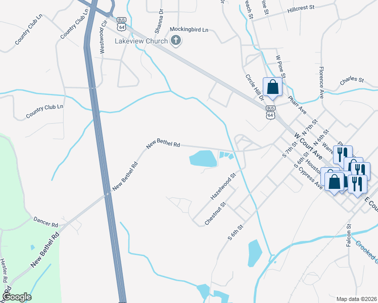map of restaurants, bars, coffee shops, grocery stores, and more near 172 New Bethel Road in Selmer