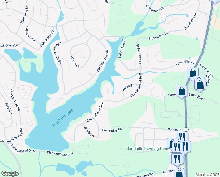map of restaurants, bars, coffee shops, grocery stores, and more near in Southern Pines