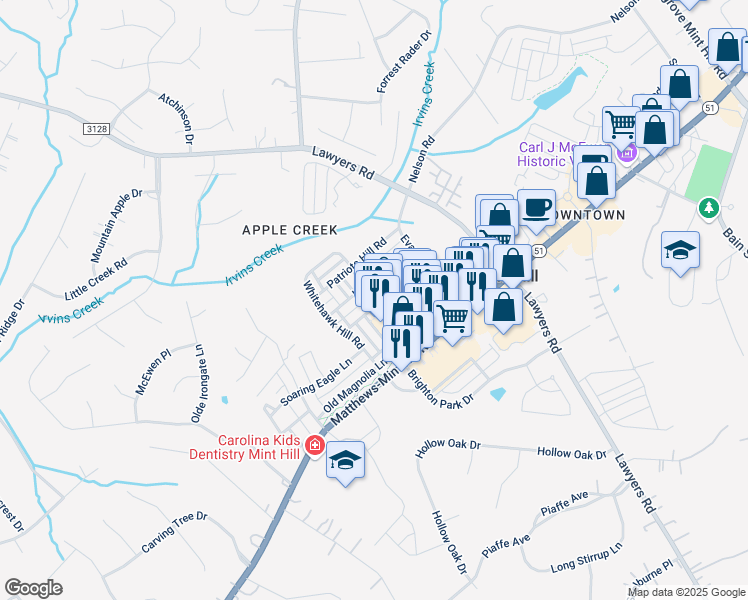 map of restaurants, bars, coffee shops, grocery stores, and more near 7102 Brighton Park Drive in Mint Hill