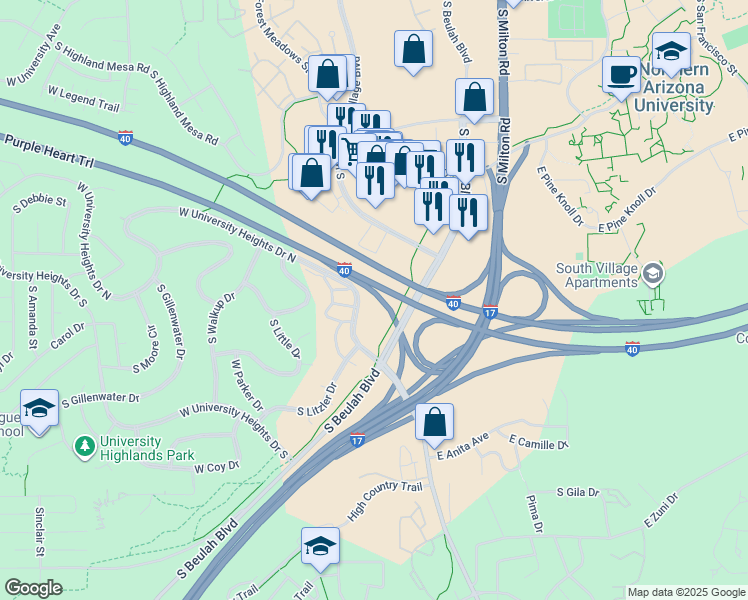 map of restaurants, bars, coffee shops, grocery stores, and more near 700 West University Heights Drive North in Flagstaff