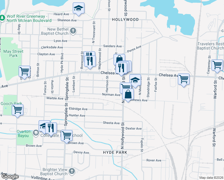 map of restaurants, bars, coffee shops, grocery stores, and more near 2391 Norman Avenue in Memphis
