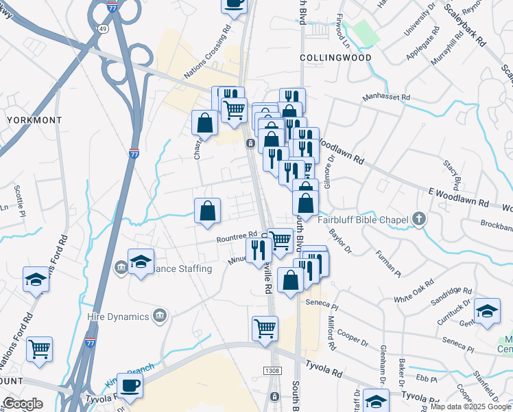 map of restaurants, bars, coffee shops, grocery stores, and more near 5046 State Road 1308 in Charlotte