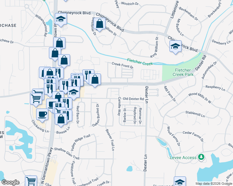 map of restaurants, bars, coffee shops, grocery stores, and more near 1705 Camille Way in Memphis