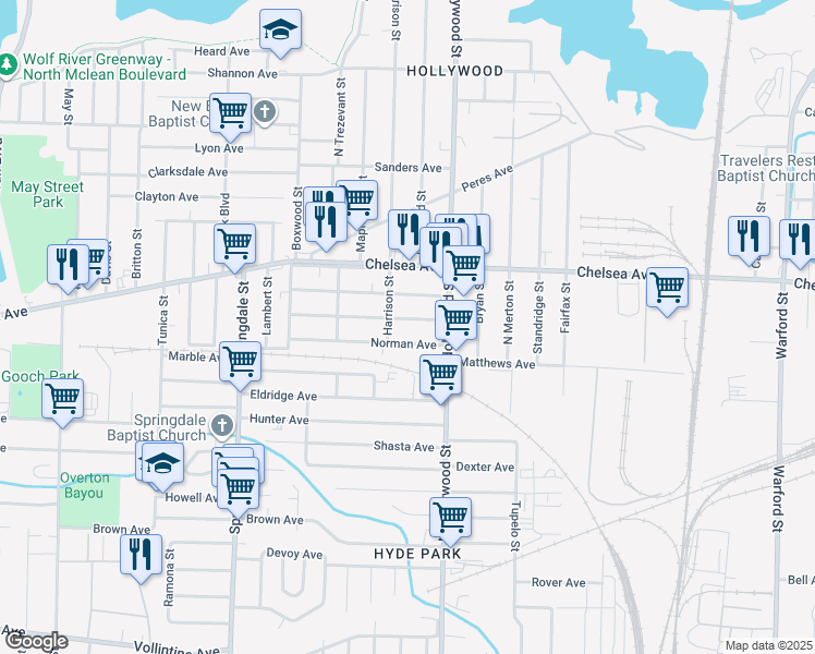 map of restaurants, bars, coffee shops, grocery stores, and more near 2391 Norman Avenue in Memphis