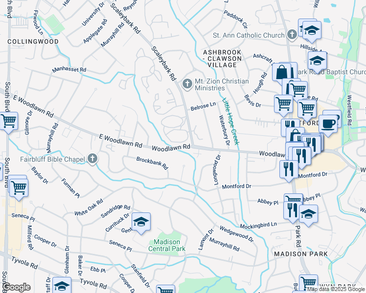 map of restaurants, bars, coffee shops, grocery stores, and more near 1042 Woodlawn Road in Charlotte