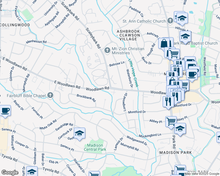 map of restaurants, bars, coffee shops, grocery stores, and more near 1098 Woodlawn Road in Charlotte