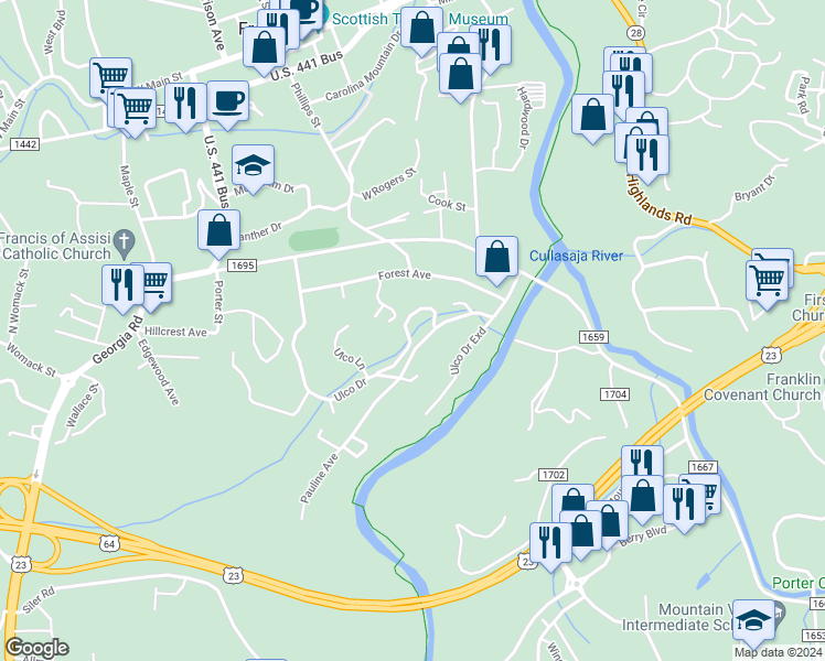 map of restaurants, bars, coffee shops, grocery stores, and more near 60 Ulco Bluffs Drive in Franklin