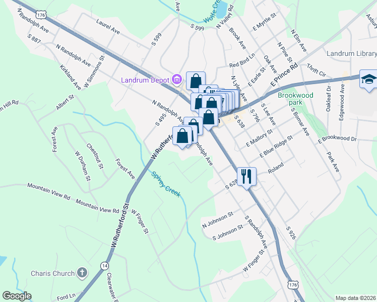 map of restaurants, bars, coffee shops, grocery stores, and more near 209 West Rutherford Street in Landrum