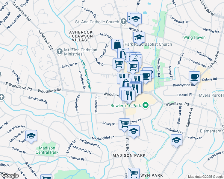 map of restaurants, bars, coffee shops, grocery stores, and more near 1351 East Woodlawn Road in Charlotte