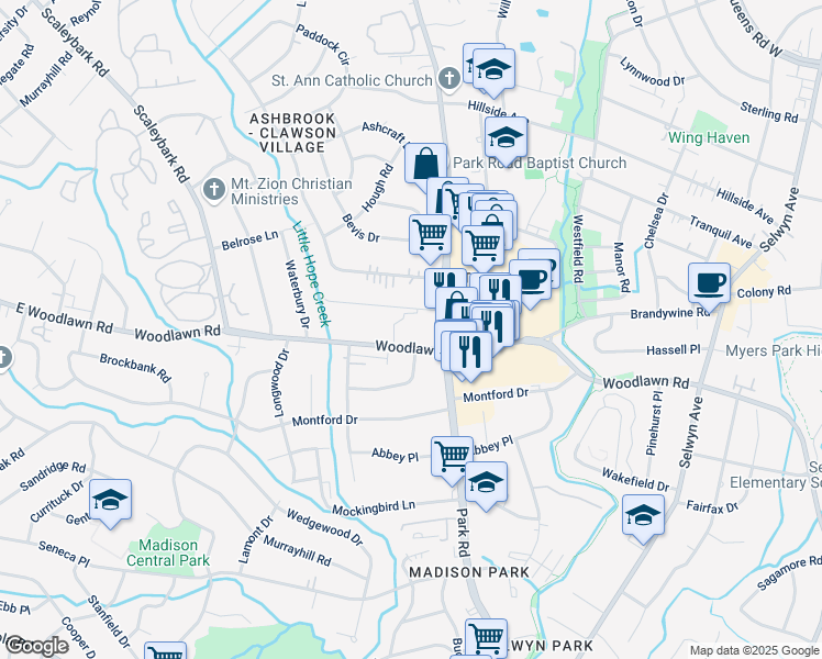 map of restaurants, bars, coffee shops, grocery stores, and more near 1351 East Woodlawn Road in Charlotte