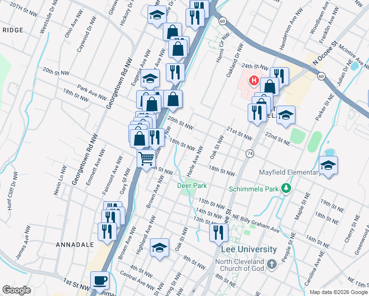 map of restaurants, bars, coffee shops, grocery stores, and more near 580 18th Street Northwest in Cleveland