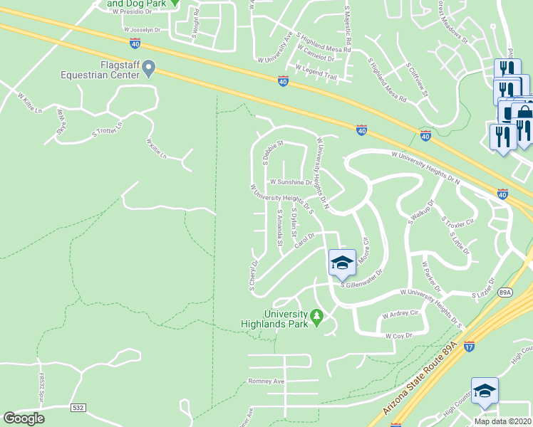 map of restaurants, bars, coffee shops, grocery stores, and more near 3326 South Cheryl Drive in Flagstaff