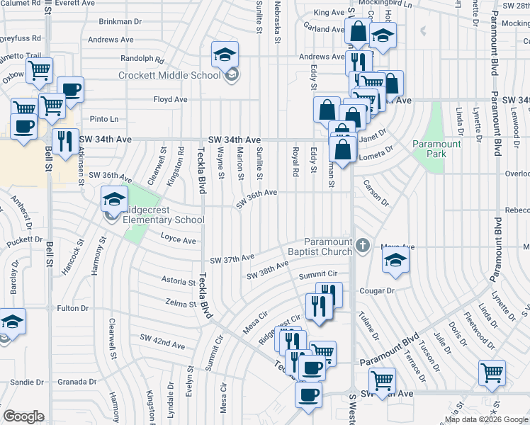 map of restaurants, bars, coffee shops, grocery stores, and more near 4601-4699 Southwest 36th Avenue in Amarillo