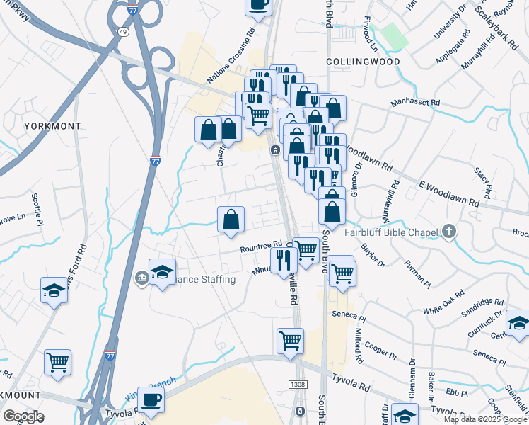 map of restaurants, bars, coffee shops, grocery stores, and more near 616 Springbrook Road in Charlotte