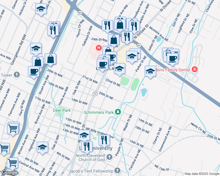 map of restaurants, bars, coffee shops, grocery stores, and more near 140 22nd Street Northeast in Cleveland