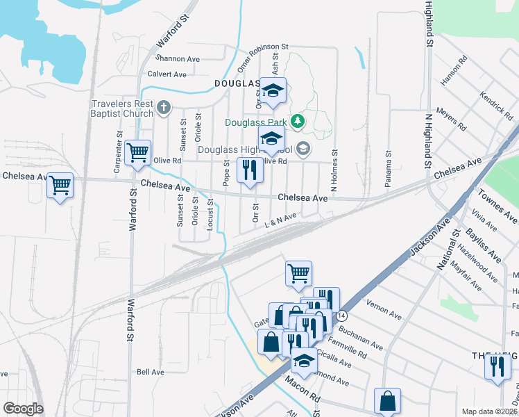 map of restaurants, bars, coffee shops, grocery stores, and more near 3156 Chelsea Avenue in Memphis