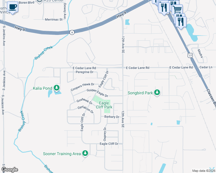 map of restaurants, bars, coffee shops, grocery stores, and more near 908 Hawks Nest Drive in Norman