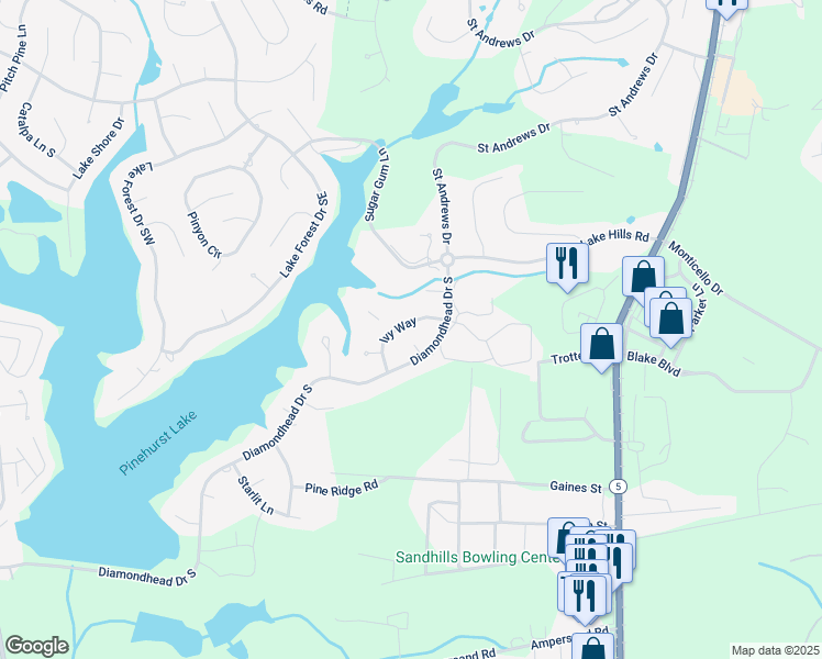 map of restaurants, bars, coffee shops, grocery stores, and more near 40 Sawmill Road West in Pinehurst