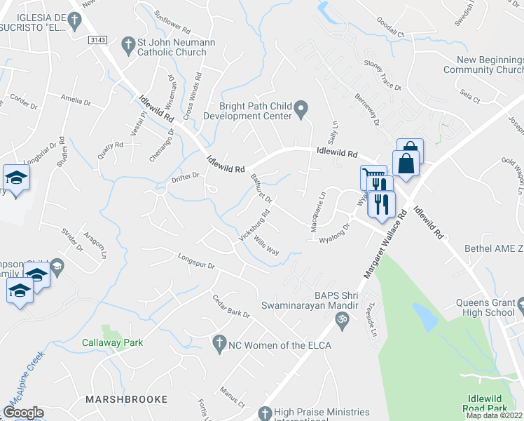 map of restaurants, bars, coffee shops, grocery stores, and more near 9007 Vicksburg Road in Charlotte