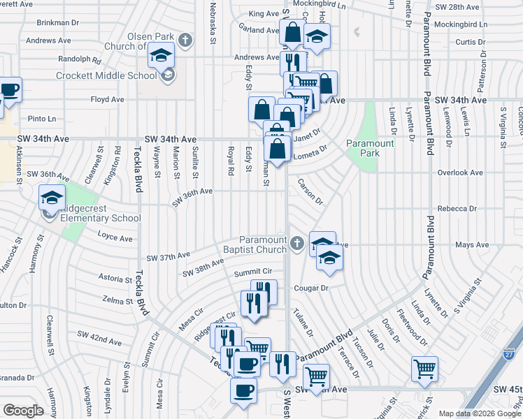 map of restaurants, bars, coffee shops, grocery stores, and more near 3603 Eddy Street in Amarillo