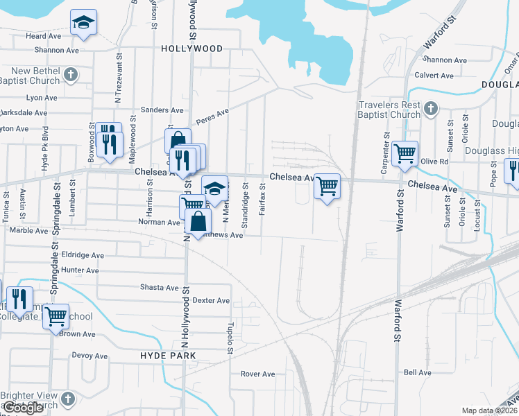 map of restaurants, bars, coffee shops, grocery stores, and more near 1374 Standridge Street in Memphis