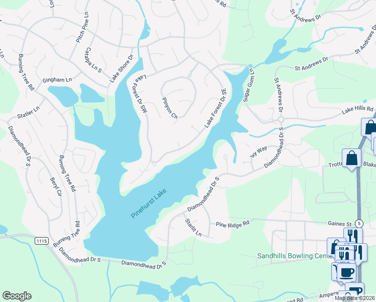 map of restaurants, bars, coffee shops, grocery stores, and more near 725 Lake Forest Drive Southeast in Pinehurst