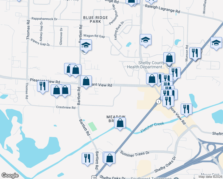 map of restaurants, bars, coffee shops, grocery stores, and more near 5636 Pleasant View Road in Memphis