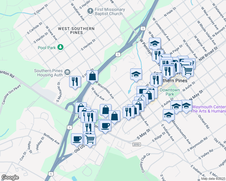 map of restaurants, bars, coffee shops, grocery stores, and more near 580 Kensington Road in Southern Pines