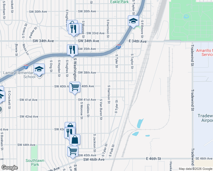 map of restaurants, bars, coffee shops, grocery stores, and more near 3810 South Harrison Street in Amarillo