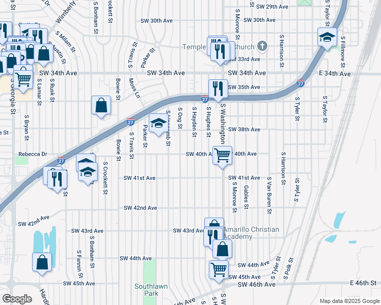 map of restaurants, bars, coffee shops, grocery stores, and more near 3810 South Hayden Street in Amarillo