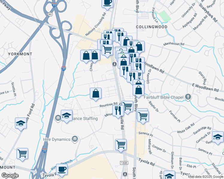 map of restaurants, bars, coffee shops, grocery stores, and more near 616 Springbrook Road in Charlotte