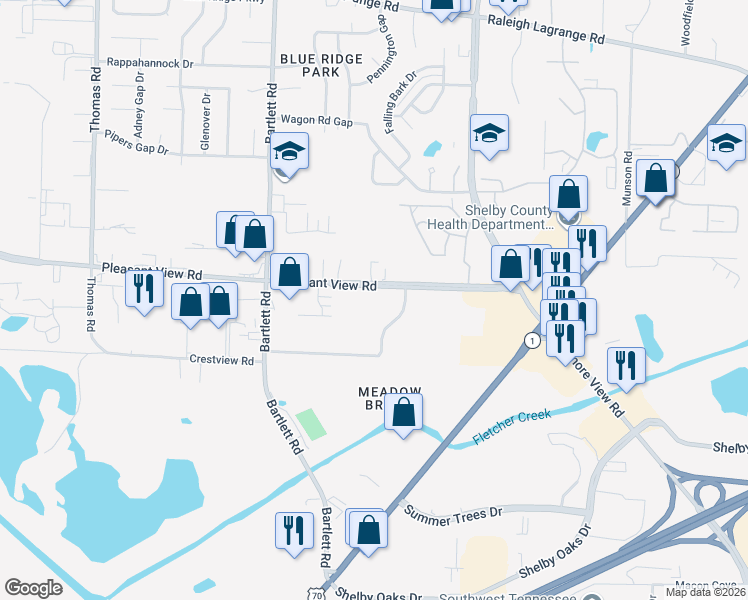 map of restaurants, bars, coffee shops, grocery stores, and more near 5636 Pleasant View Road in Memphis