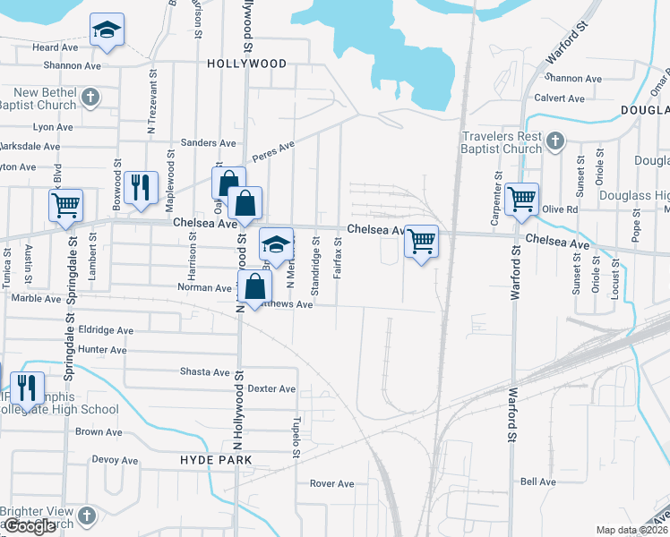 map of restaurants, bars, coffee shops, grocery stores, and more near 1374 Standridge Street in Memphis