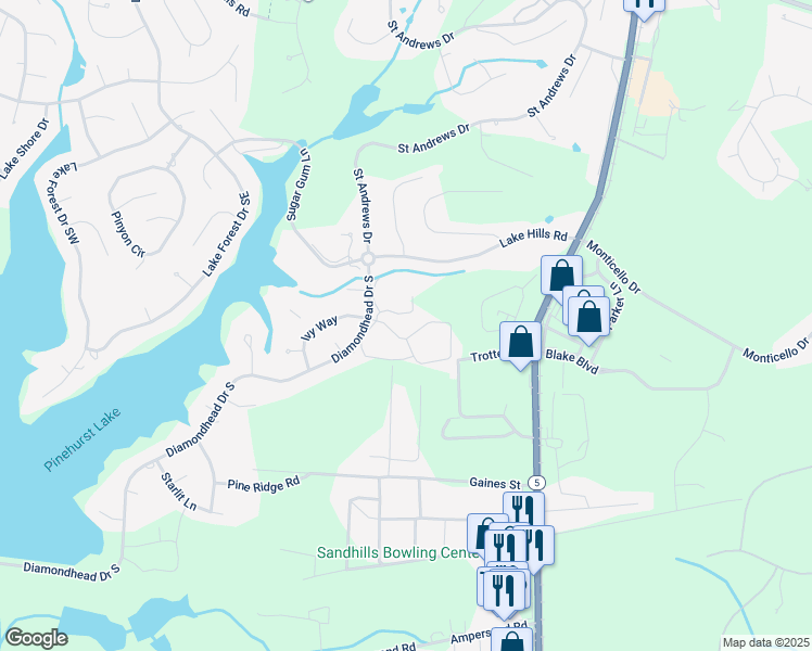 map of restaurants, bars, coffee shops, grocery stores, and more near 1704 Cabot Circle in Pinehurst