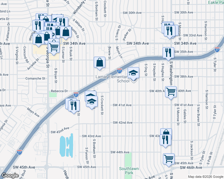map of restaurants, bars, coffee shops, grocery stores, and more near 3806 Bowie Street in Amarillo