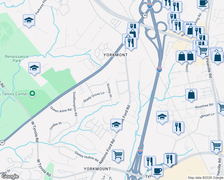 map of restaurants, bars, coffee shops, grocery stores, and more near 215 Scottie Place in Charlotte